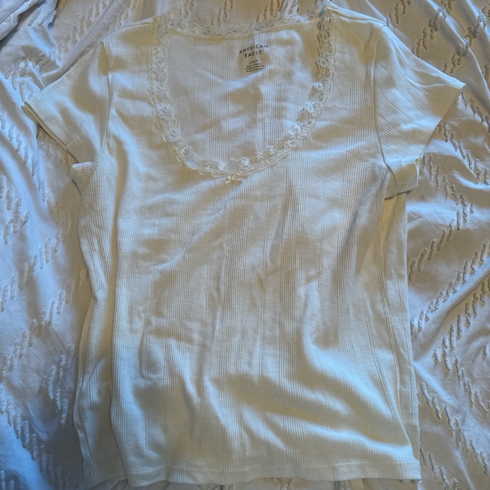 American Eagle Outfitters White Ribbed Lace-Trim Scoop Neck Top
